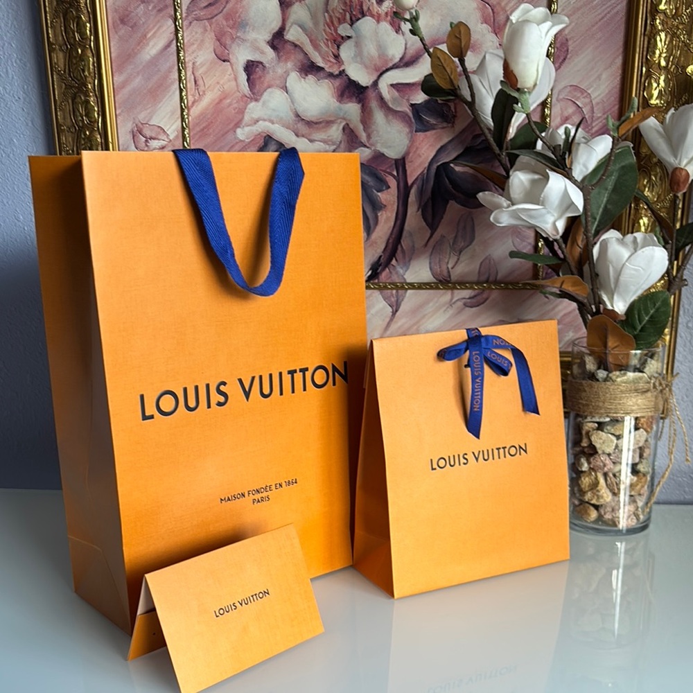 Authentic Louis Vuitton Orange shopping bags Set with Blue ribbon